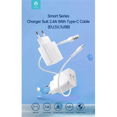 Devia ST364037 2xUSB 2,1A fehér hálózati töltő adapter + USB - Type-C 1m kábel