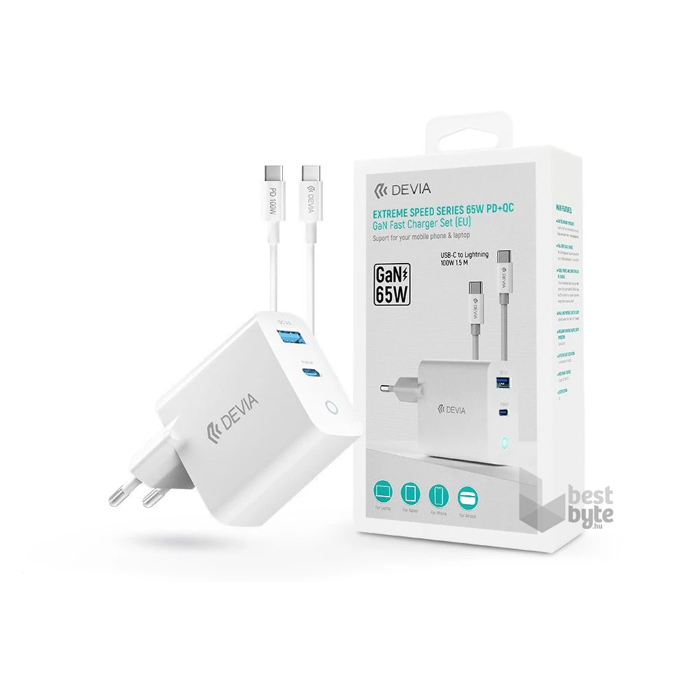 Devia ST379192 GaN 65W USB + Type-C fehér hálózati töltő adapter +Type-C kábel