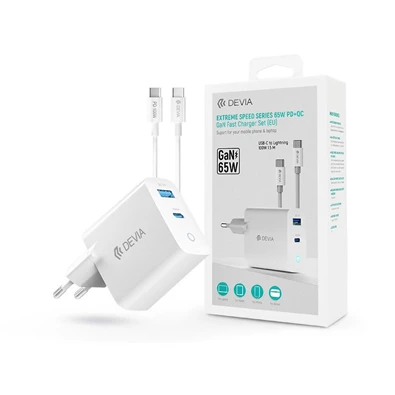 Devia ST379192 GaN 65W USB + Type-C fehér hálózati töltő adapter +Type-C kábel