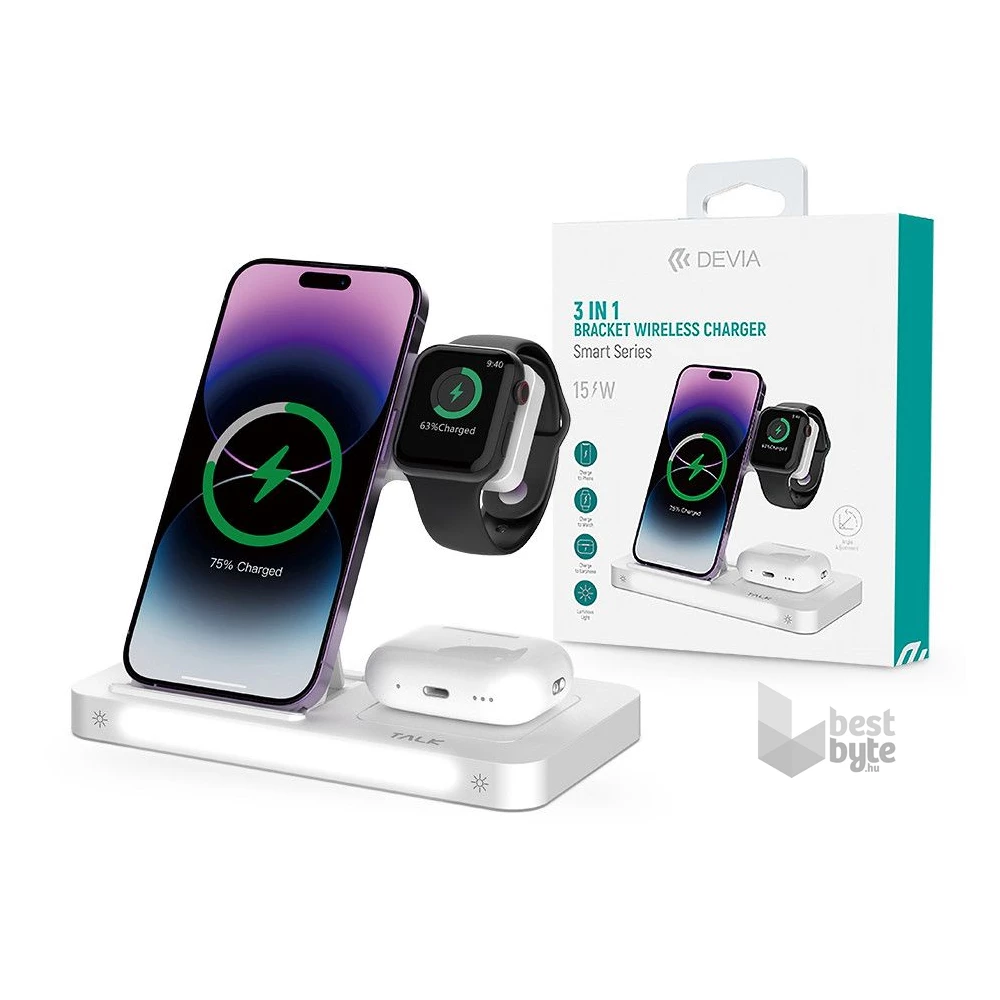 Devia ST379857 15W 3in1 fehér vezeték nélküli töltő állomás