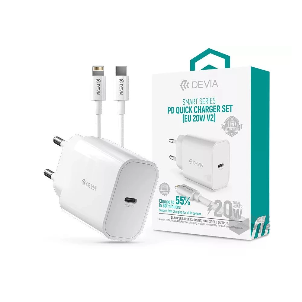 Devia ST383847 20W Type-C PD fehér hálózati töltő adapter + 1m Type-C - Lightning kábel