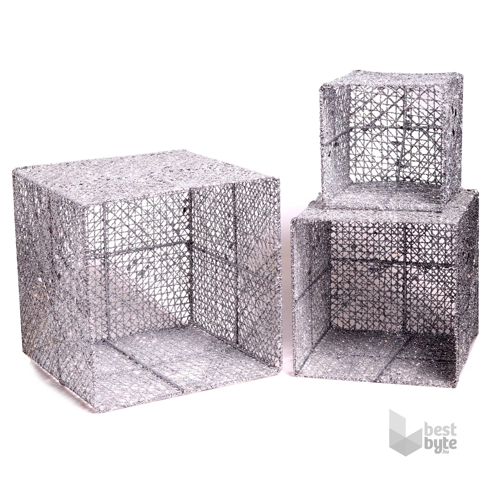 Doboz alakú /1db 20cm, 1db 25cm, 1db 30cm/ ezüst-lila fémdoboz műanyag masnival dekor szett