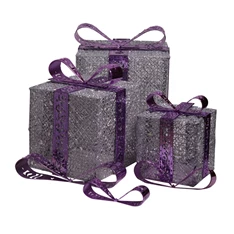 Doboz alakú /1db 20cm, 1db 25cm, 1db 30cm/ ezüst-lila fémdoboz műanyag masnival dekor szett