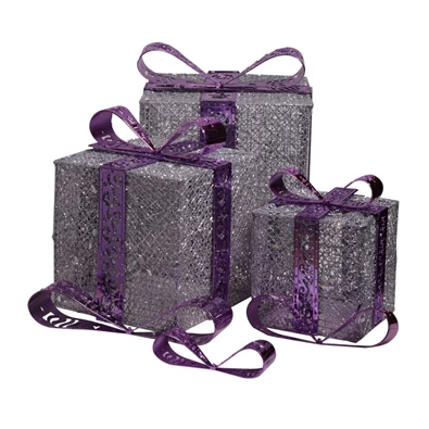 Doboz alakú /1db 20cm, 1db 25cm, 1db 30cm/ ezüst-lila fémdoboz műanyag masnival dekor szett