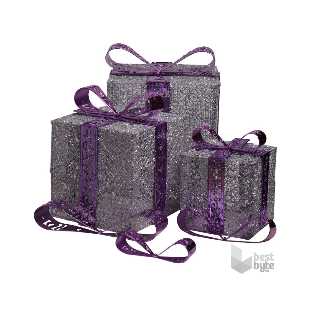 Doboz alakú /1db 20cm, 1db 25cm, 1db 30cm/ ezüst-lila fémdoboz műanyag masnival dekor szett