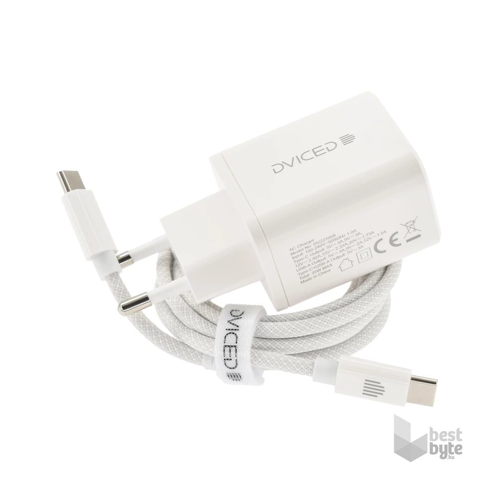 Dviced DV221008 35W USB/Type-C GaN fehér hálózati töltő + Type-C kábel