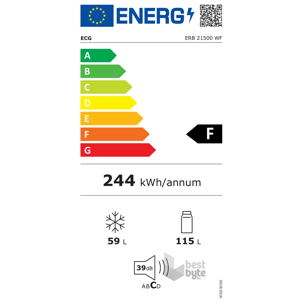 ECG ERB 21500 WF fehér, alulfagyasztós, Hűtő:115L, Fagyasztó:59L, hűtőszekrény