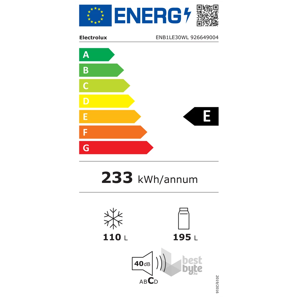 Electrolux ENB1LE30WL (K) fehér, alulfagyasztós, Hűtő:195L, Fagyasztó:110L, Low frost hűtőszekrény (Újracsomagolt)