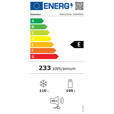 Electrolux ENB1LE30WL (K) fehér, alulfagyasztós, Hűtő:195L, Fagyasztó:110L, Low frost hűtőszekrény (Újracsomagolt)