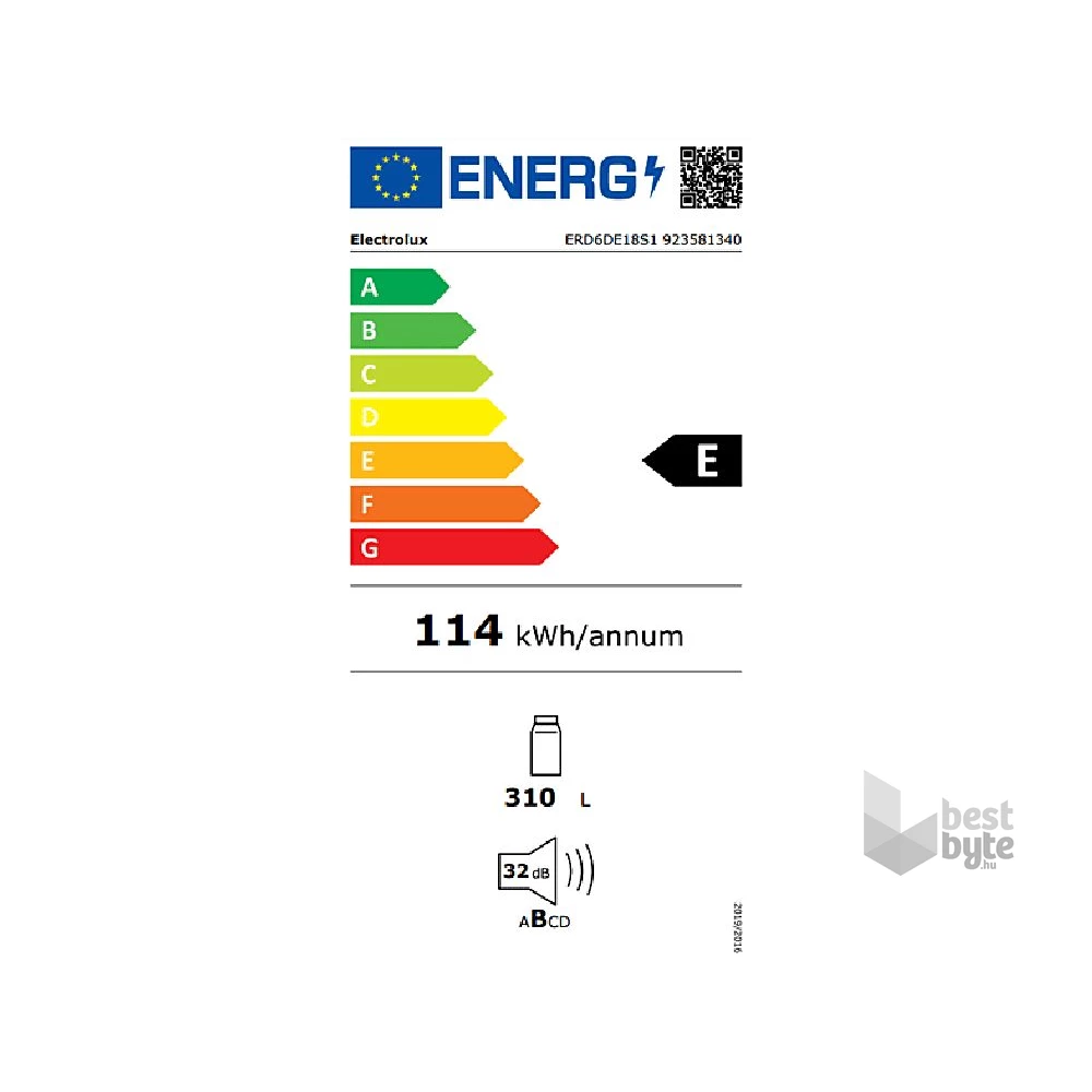 Electrolux ERD6DE18S1 fehér, egyajtós, beépíthető, Hűtő:310L, hűtőszekrény