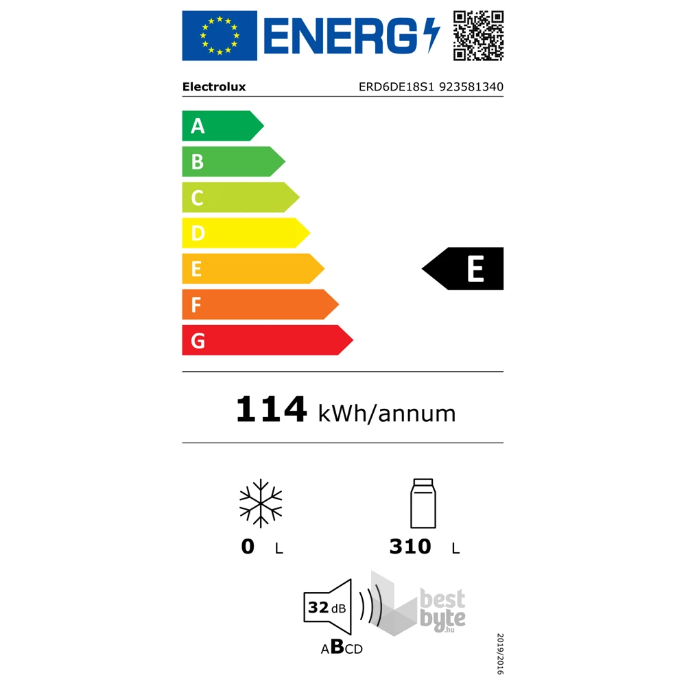 Electrolux ERD6DE18S1 fehér, egyajtós, beépíthető, Hűtő:310L, hűtőszekrény