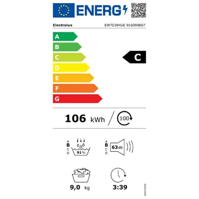 Electrolux EW7D394UE DelicateCare fehér, 9 kg, hőszivattyús, szárítógép