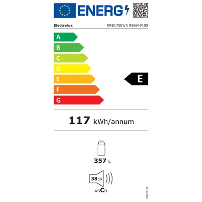 Electrolux KRB175EWR (K) fehér, egyajtós, Hűtő:357L, hűtőszekrény