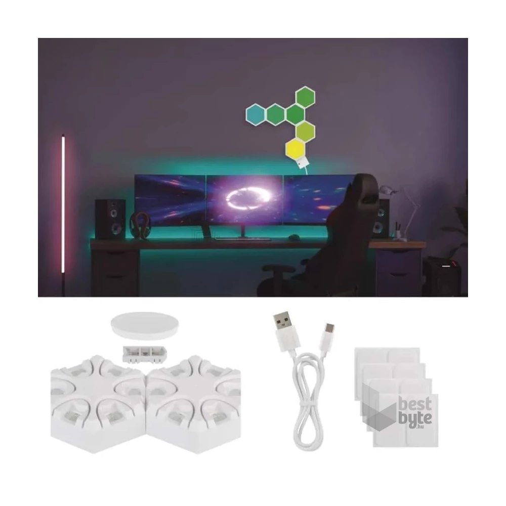 Emos GoSmart Hexagon fehér, 6 részből álló, RGBIC dimmelhető, WiFi LED asztali lámpa