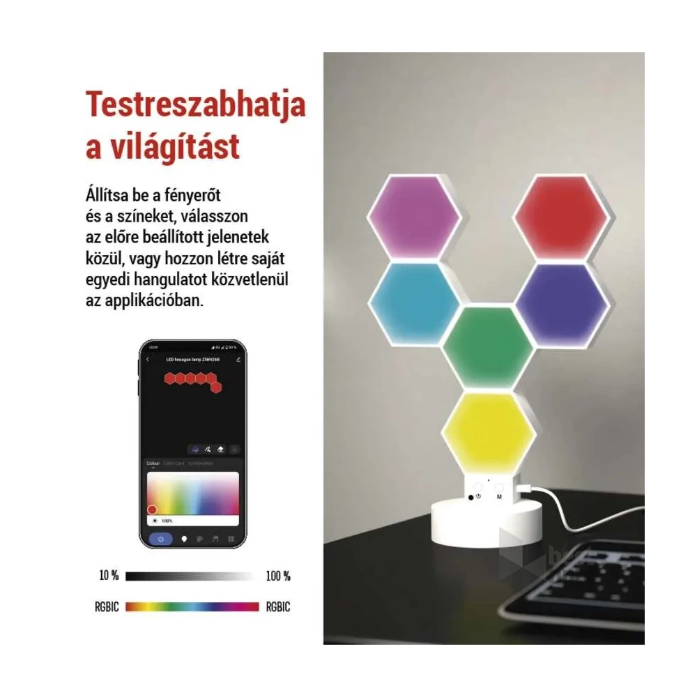 Emos GoSmart Hexagon fehér, 6 részből álló, RGBIC dimmelhető, WiFi LED asztali lámpa