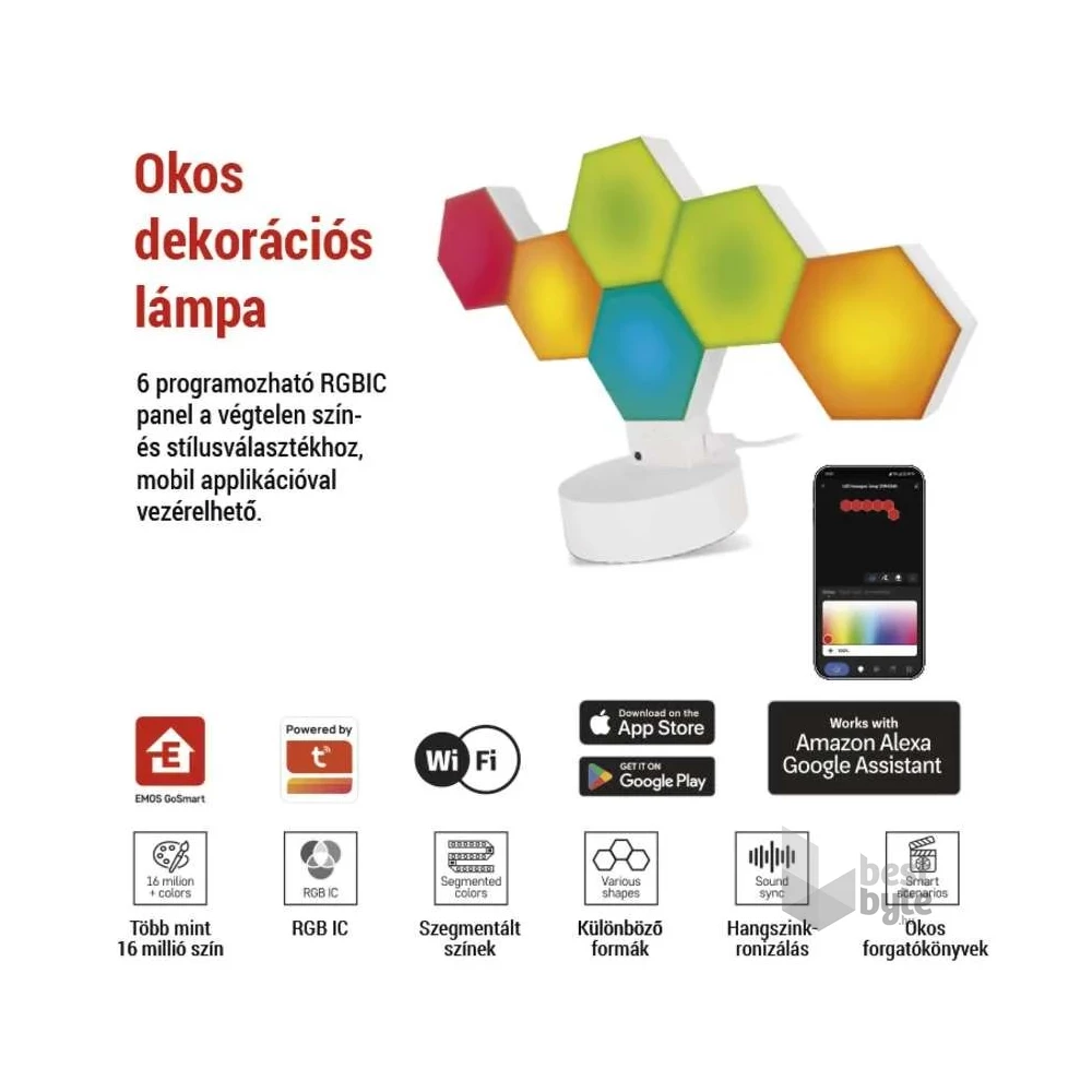 Emos GoSmart Hexagon fehér, 6 részből álló, RGBIC dimmelhető, WiFi LED asztali lámpa