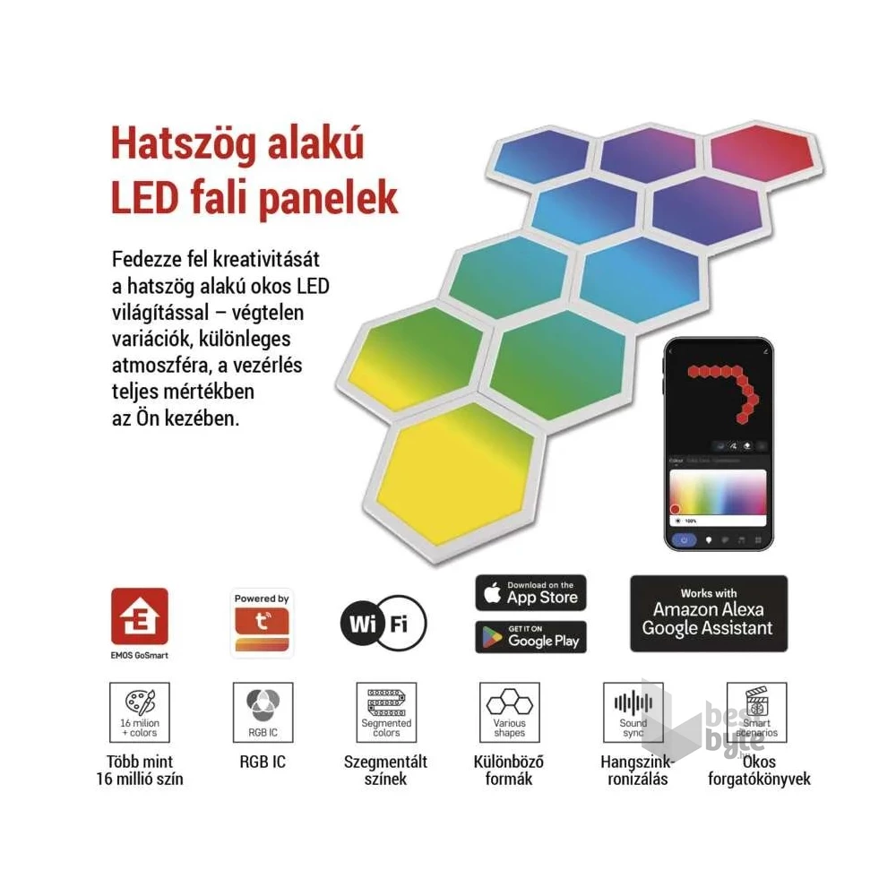 Emos GoSmart Hexagon, indító készlet, 10 rész, 19 W, RGBIC dimmelhető, WiFi LED lámpa