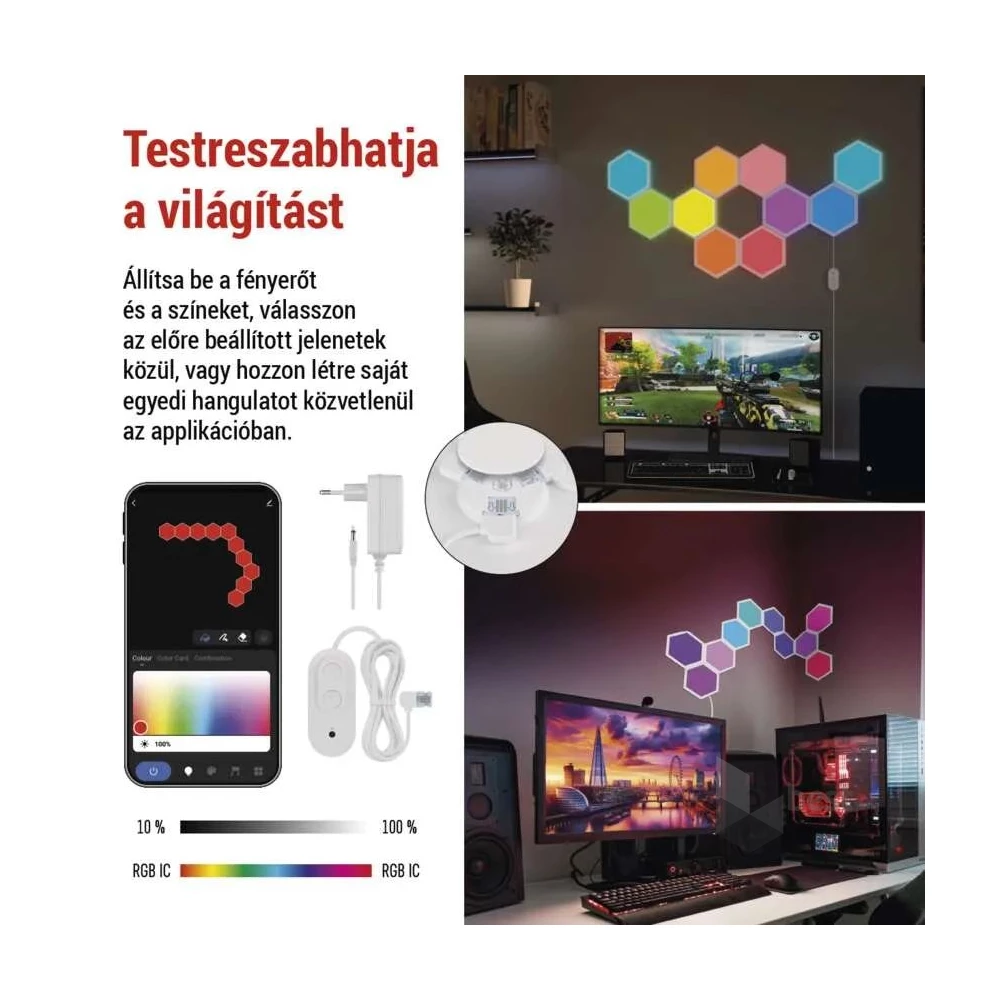 Emos GoSmart Hexagon, indító készlet, 10 rész, 19 W, RGBIC dimmelhető, WiFi LED lámpa