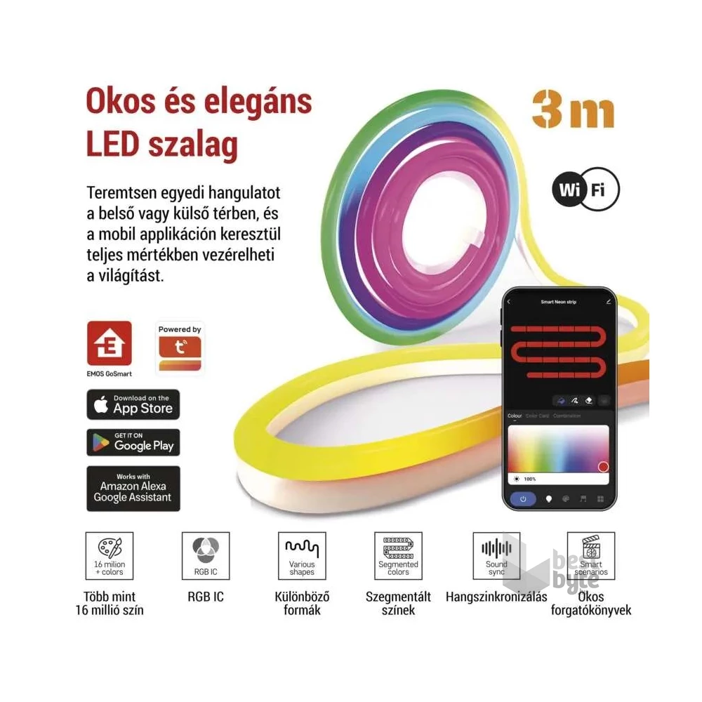 Emos GoSmart NEON fehér, 3 m, 24 W, RGBIC dimmelhető, WiFi LED szalag