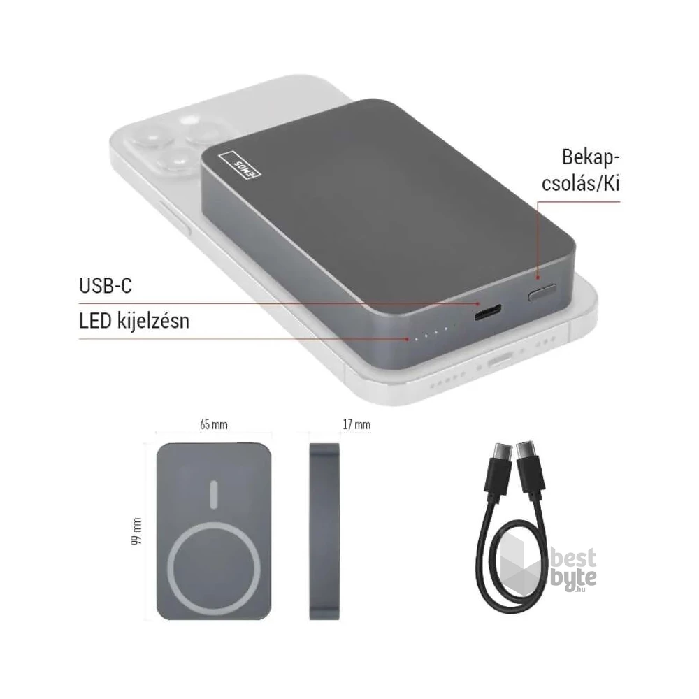 Emos WI 1046, 10 000 mAh, 20 W+Wireless, szürke powerbank