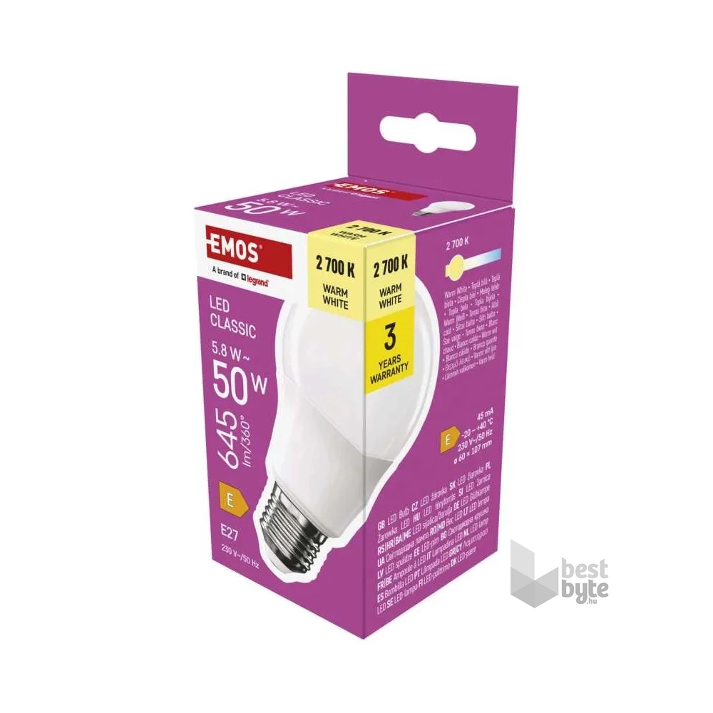 Emos ZQ5E31 A60 E27/5,8 W (50 W)/645 lm/meleg fehér classic LED izzó