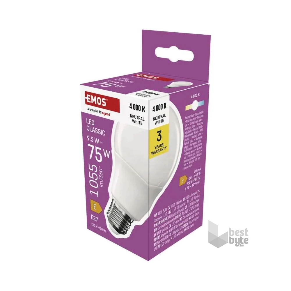 Emos ZQ5E53 A60 E27/9,5 W (75 W)/1055 lm/természetes fehér classic LED izzó