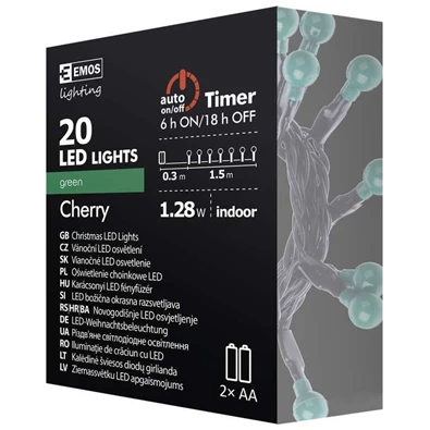 Emos ZY1949 Cherry 1,8m/20 LED/2xAA/beltéri/zöld karácsonyi zöld fényfüzér