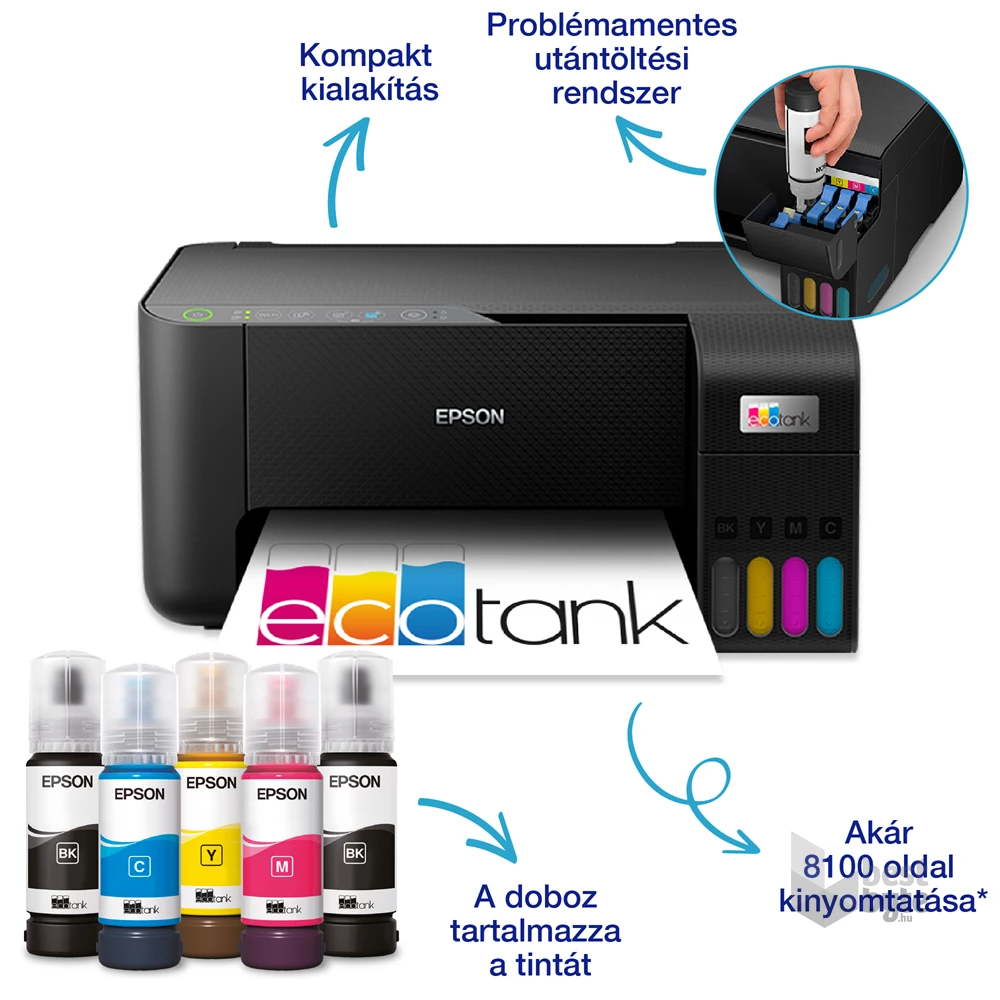 Epson EcoTank L3270 színes nyomtató MFP, WiFi/USB, 8100/6500 oldal tinta a dobozban