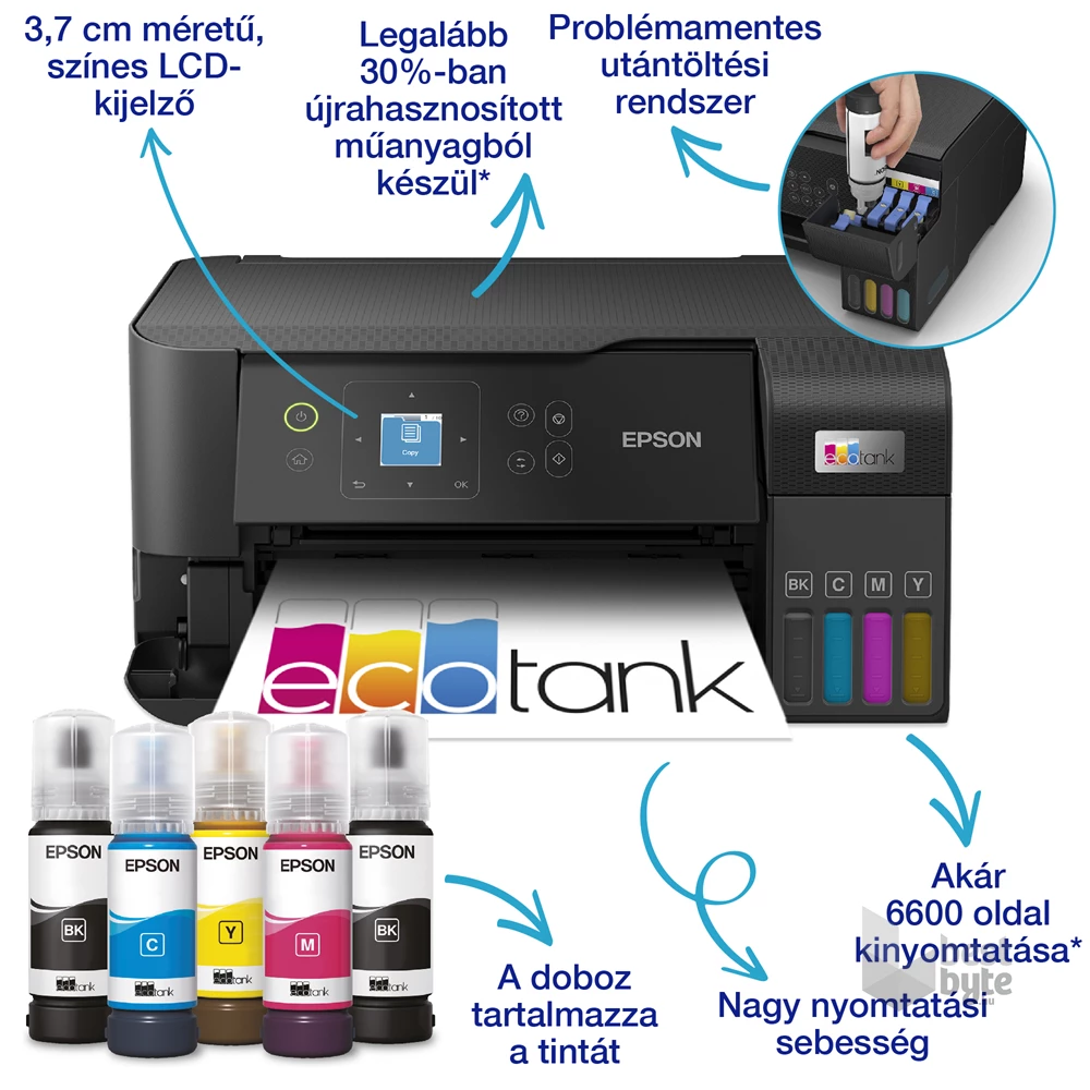 Epson EcoTank L3560 színes nyomtató MFP, WiFi/USB, 6600/5900 oldal tinta a dobozban