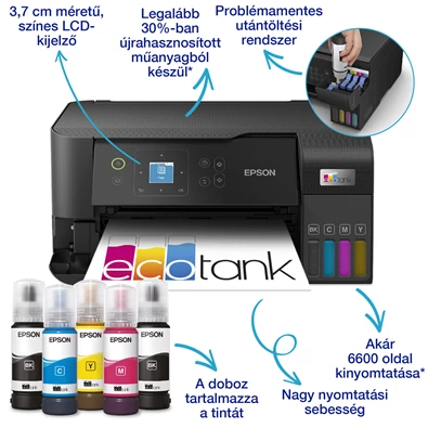 Epson EcoTank L3560 színes nyomtató MFP, WiFi/USB, 6600/5900 oldal tinta a dobozban