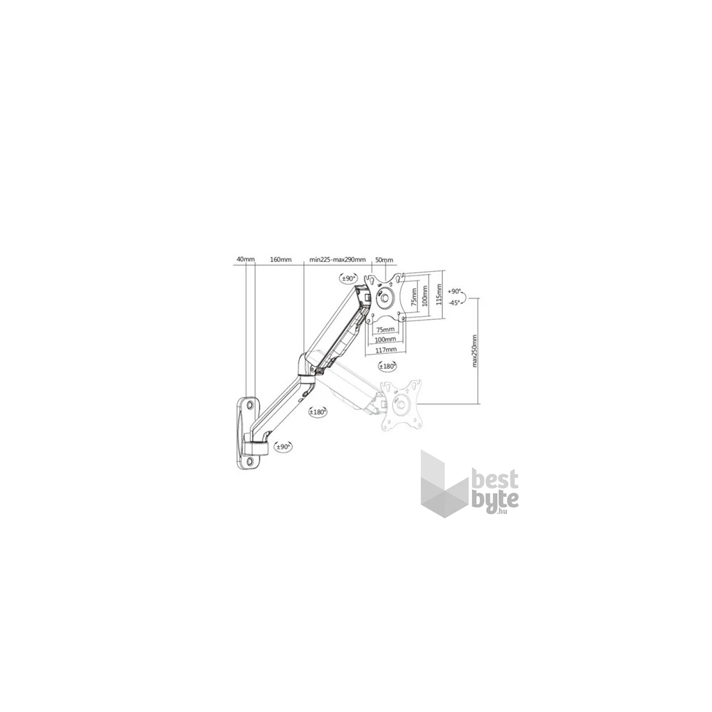 Equip 650137 17"-32",1 monitor, dönthető, forgatható, állítható magasság, Max.: 9kg, fekete fali monitor tartó konzol