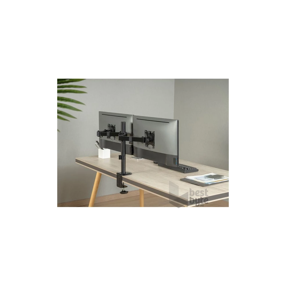 Equip 650157 13"-27", 2 monitor, dönthető, forgatható, állítható magasság, Max.:2x9kg, fekete asztali monitor tartó