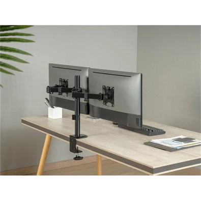 Equip 650157 13"-27", 2 monitor, dönthető, forgatható, állítható magasság, Max.:2x9kg, fekete asztali monitor tartó