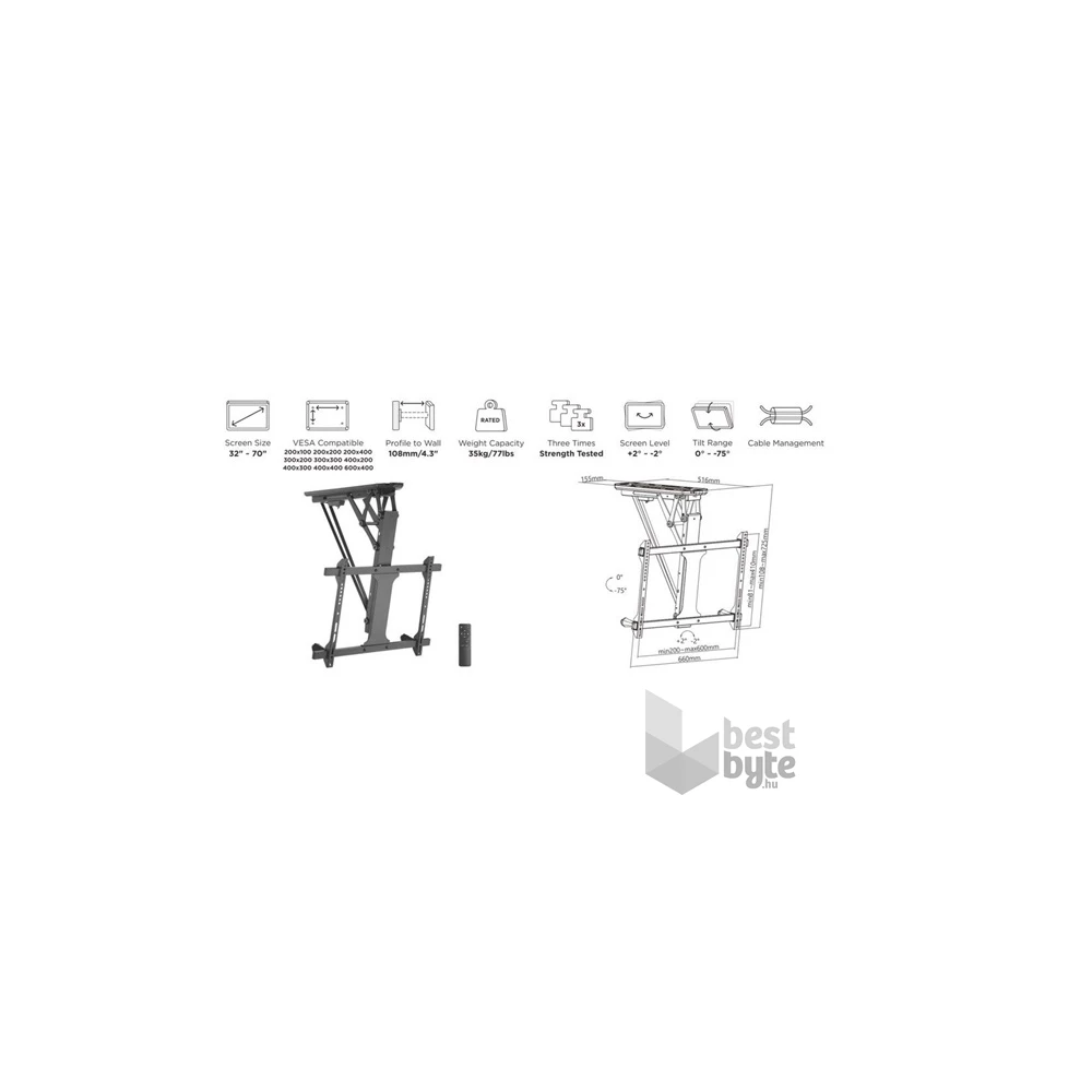 Equip 650321 32"-70" motoros, dönthető fekete mennyezeti TV konzol