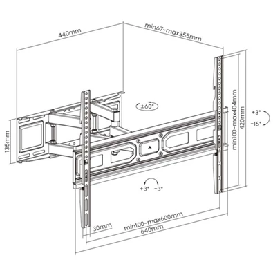 Equip 650337 37"-80", Max.: 40kg, dönthető, forgatható, fekete fali TV konzol