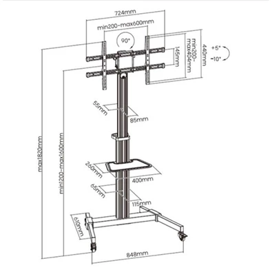 Equip 650630 37"-86" álló, gurulós, forgatható, dönthető fekete TV állvány