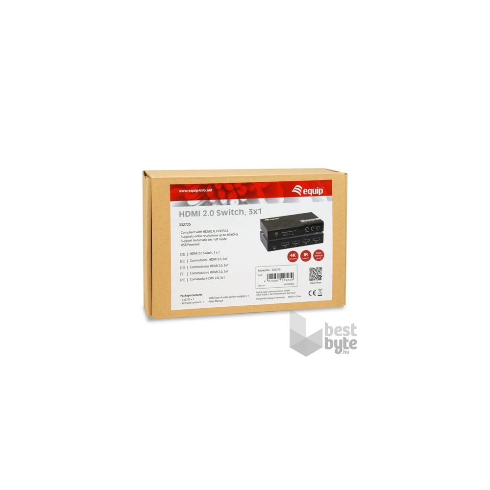 Equip HDMI Switch - 332725 (3x Bemenet, 1x Kimenet, USB tápellátás, aluminium, fekete)