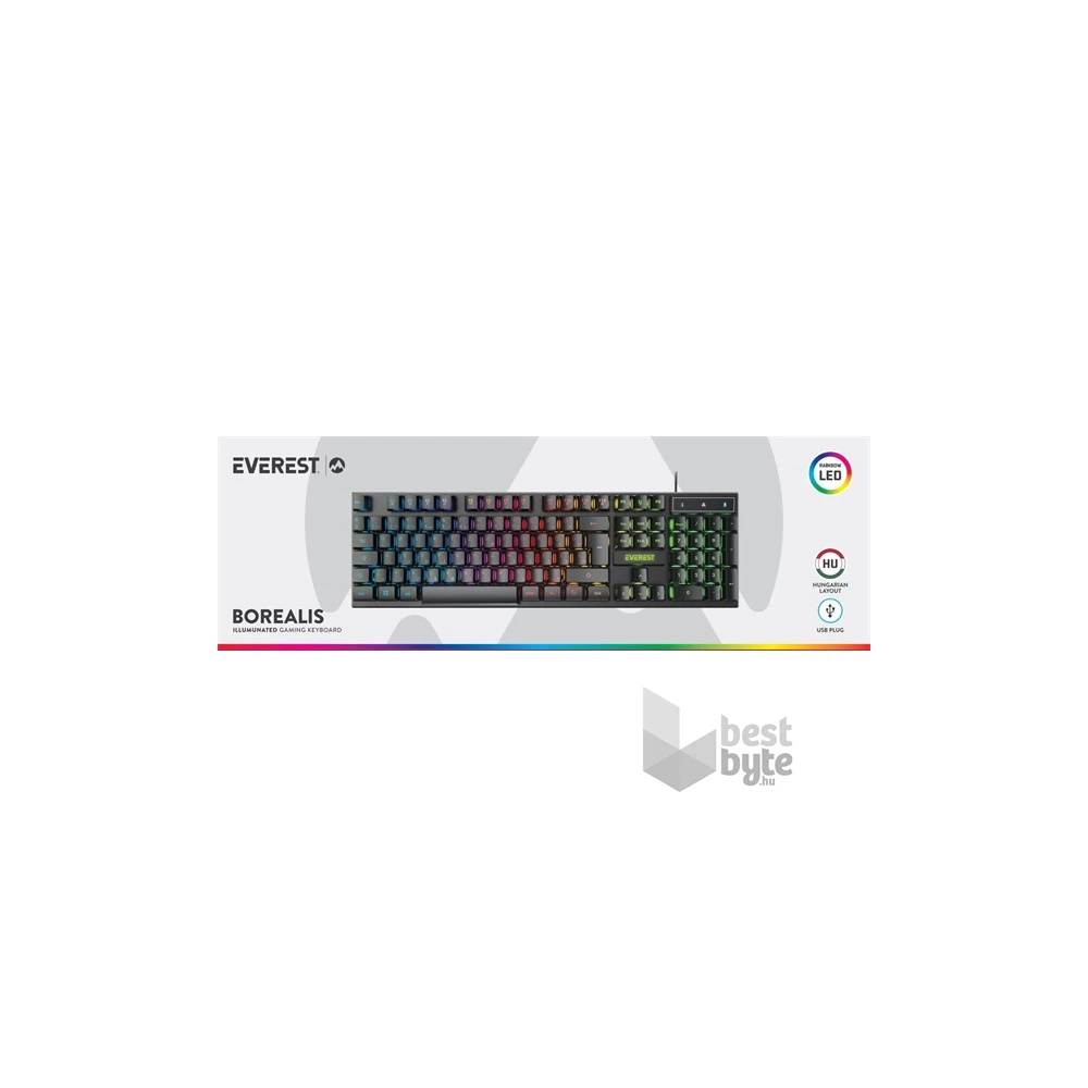 Everest KB-188 Borealis Rainbow HUN RGB LED vezetékes fekete gamer billentyűzet