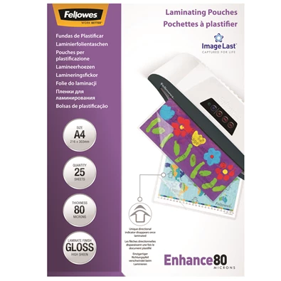 Fellowes A4 80 mikron, 25 db/csomag fényes lamináló fólia