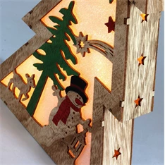 Fenyőfa alakú hóember mintás/20x29,5x4,5cm/meleg fehér LED-es fa fénydekoráció
