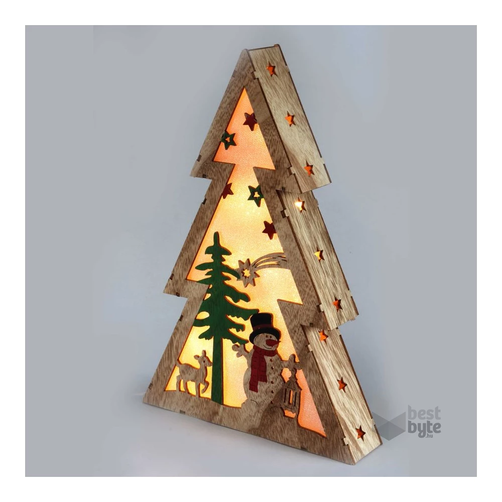 Fenyőfa alakú hóember mintás/20x29,5x4,5cm/meleg fehér LED-es fa fénydekoráció