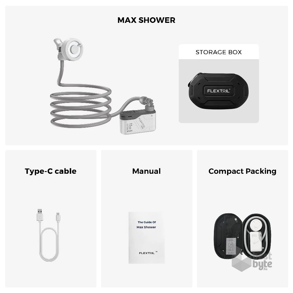 Flextail MAX Shower – Hordozható, újratölthető kültéri zuhany, 3,0L/perc vízáramlással