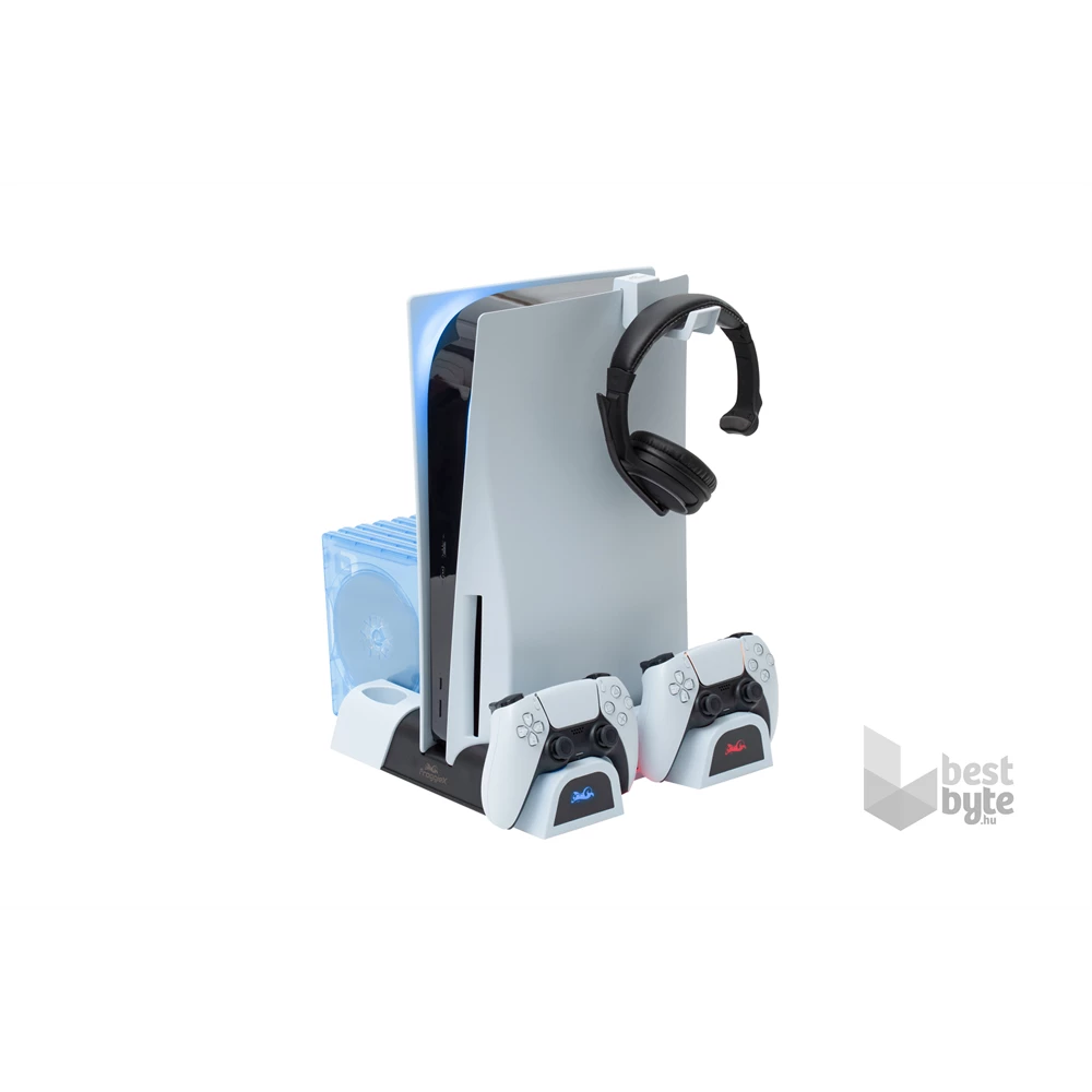 FroggieX FX-P5-C3-W Cooling Charging Stand & Storage PS5 konzol hűtő + dual töltőállomás + lemez tartó