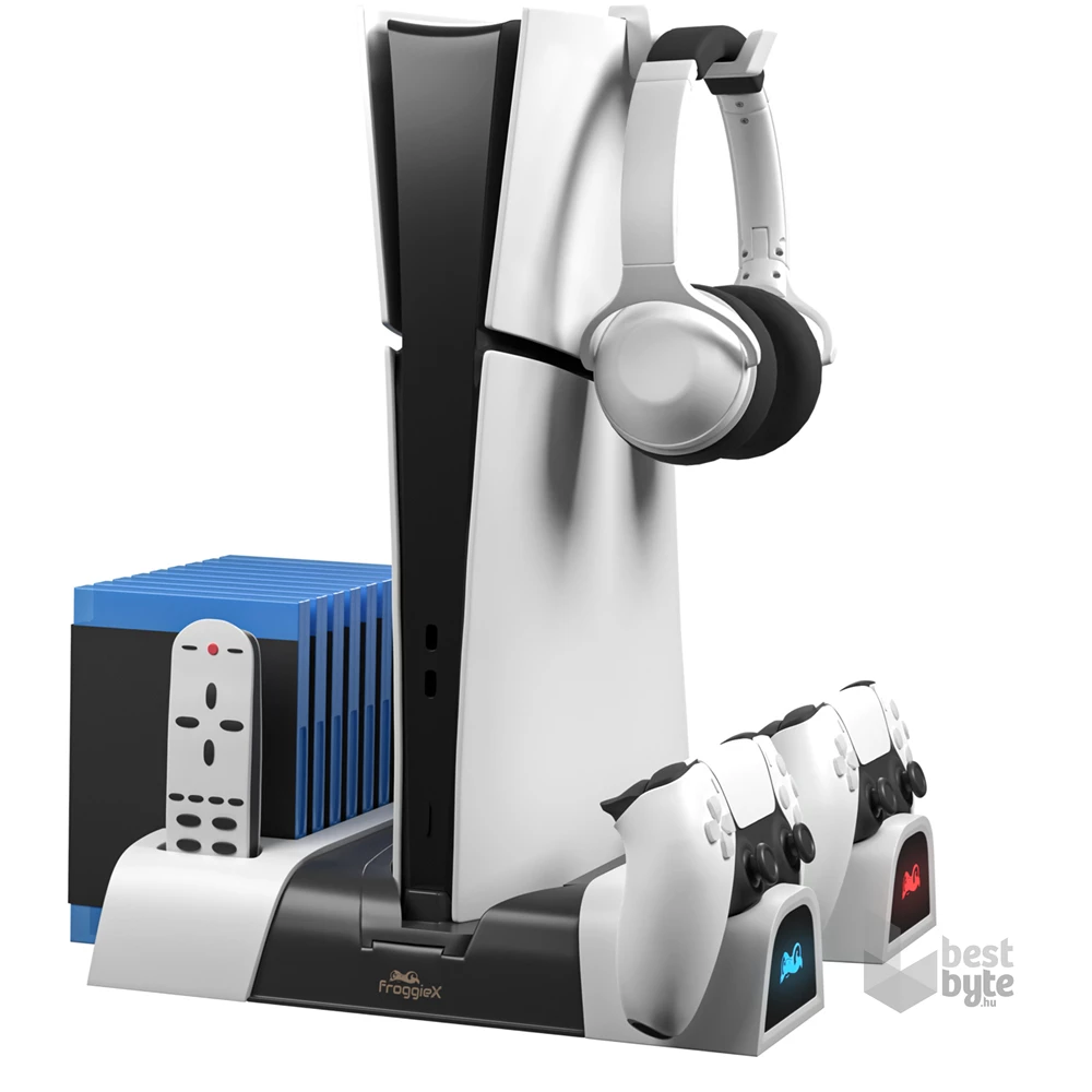Froggiex FX-P5-C4-W PS5/PS5 Slim/PS5 Pro multifunkciós ventilátoros állvány + headset tartó