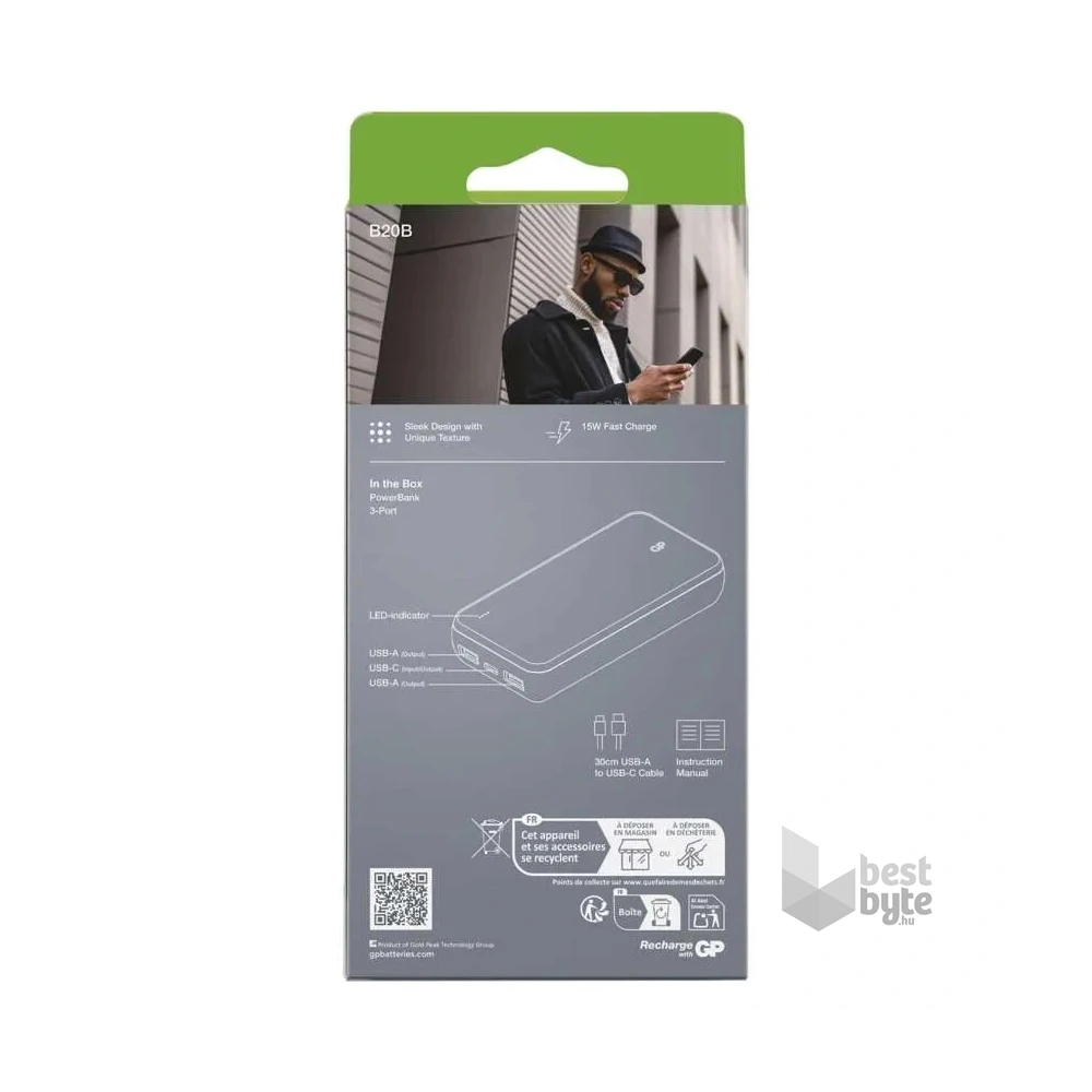 GP B+ Series, 20 000 mAh, 15 W, fekete powerbank