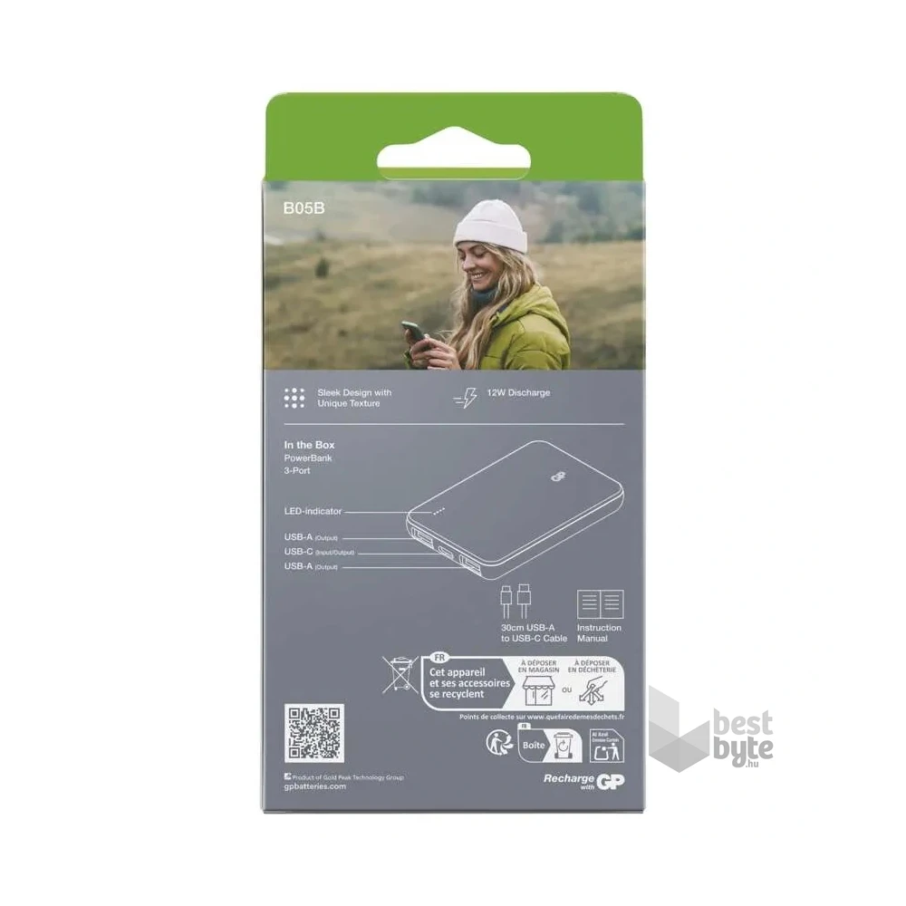 GP B+ Series, 5 000 mAh, 12 W, zöldesszürke powerbank