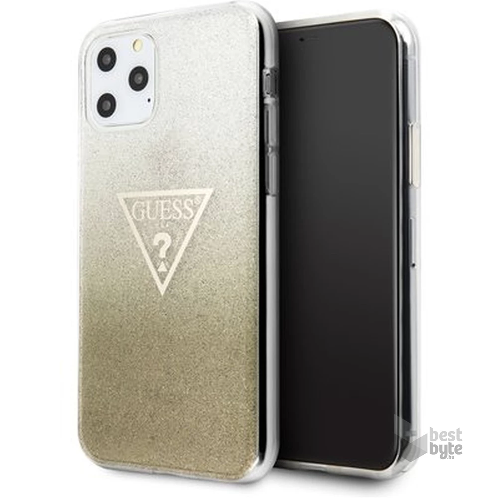GUESS iPhone 11 Pro Max csillámos folyadékos háromszöges arany TPU tok