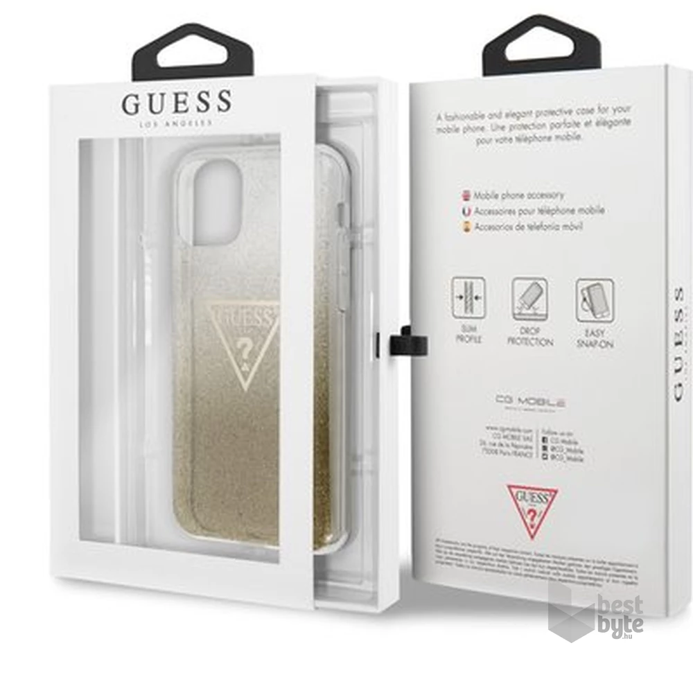 GUESS iPhone 11 Pro Max csillámos folyadékos háromszöges arany TPU tok