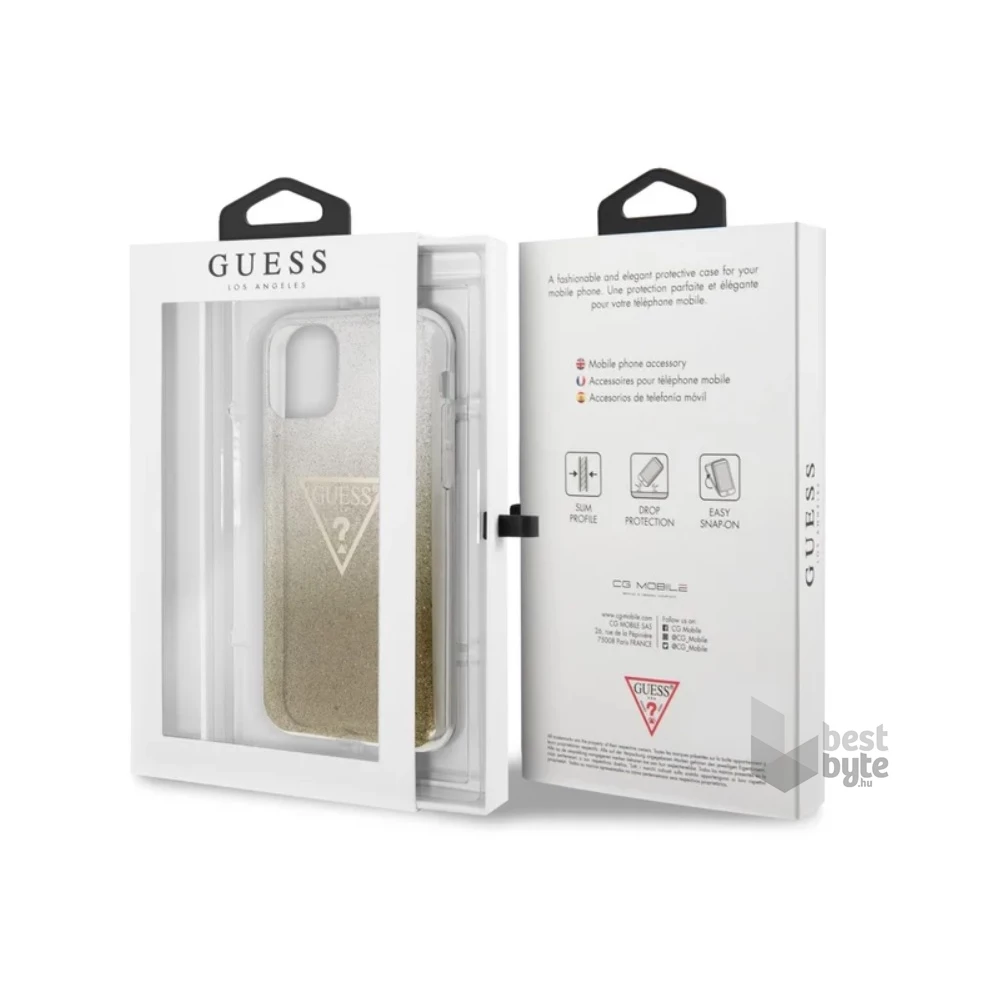 GUESS iPhone 11 Pro Max csillámos folyadékos háromszöges arany TPU tok