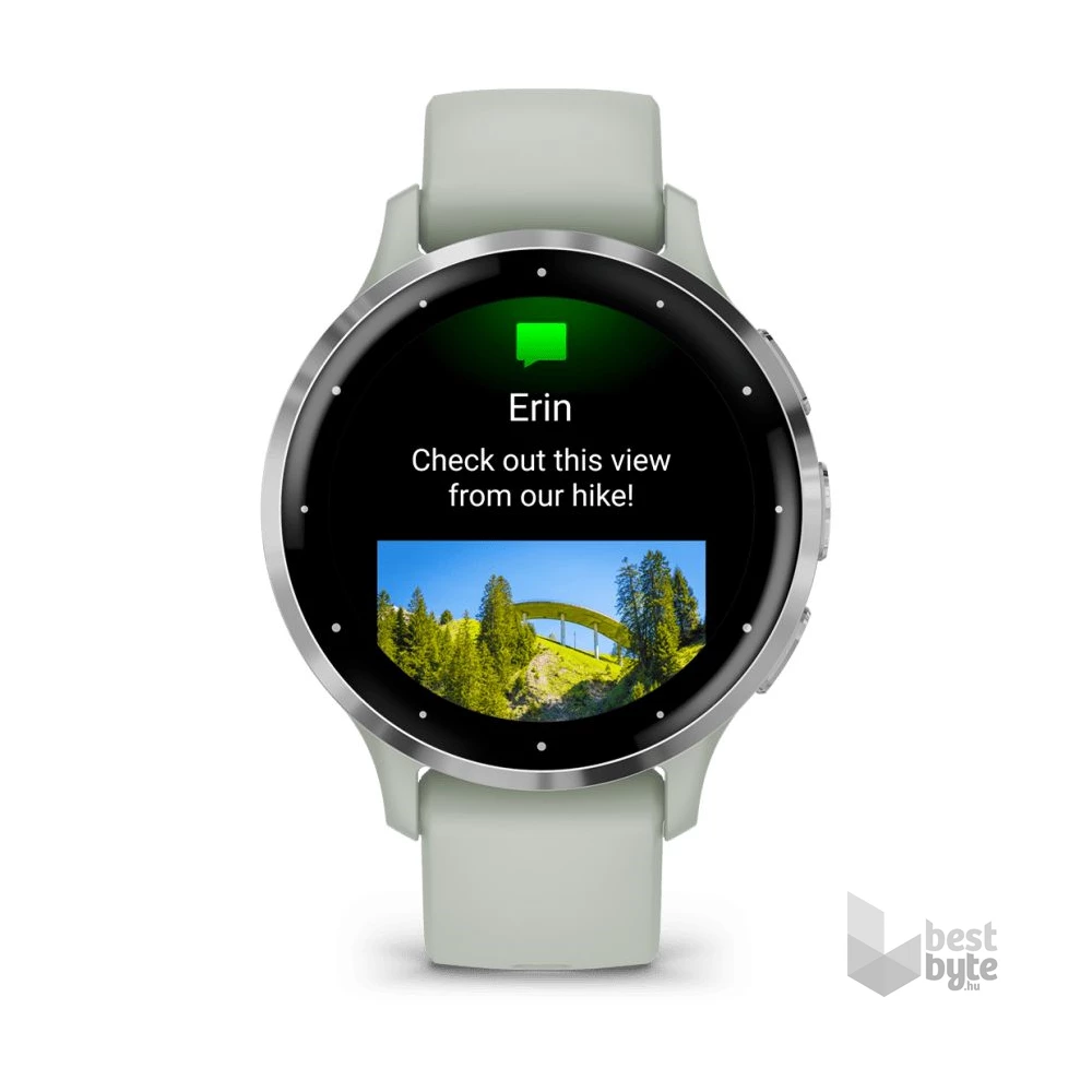 Garmin Venu 3S zsálya, ezüst kerettel, szilikon szíjjal okosóra